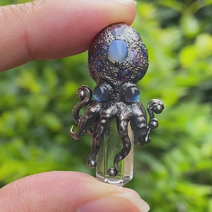 Octopus Pendant with Crystal in 925 Sterling Silver, Handcrafted Gothic Totem Jewelry with Natural Stone, Fantasy Necklace Gift