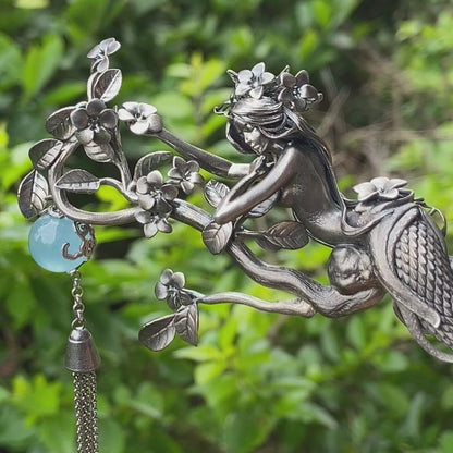 S925 Silver Snake Hair Stick with Blue Gemstone, Oxidized Floral Hairpin Symbolizing Wisdom and Rebirth, Mythical Gift for Her