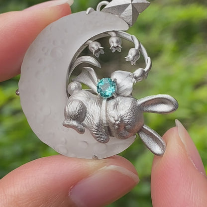 Blue Topaz Bunny and Moon Pendant in 925 Sterling Silver, Fairytale Animal Necklace for Women, Gift for Her Birthday or Mother's Day