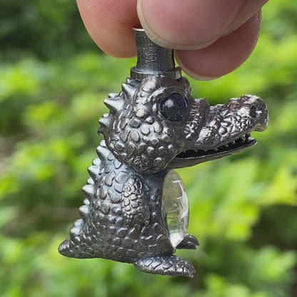 Totem pendant in 925 silver with crystal belly, crocodile figure with baby inside, labradorite eyes, gothic fairy tale style, gift for him
