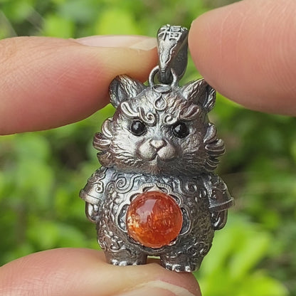 Tiger Pendant in 925 Sterling Silver with Sunstone and Black Onyx, Vintage Totem Necklace Amulet, Gift for Men Birthday Christmas