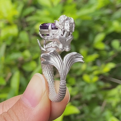 Handmade Amethyst Ring in 925 Silver · Mysterious Gothic Jewelry in Mermaid Style · Gift for Women or Creative Occasions