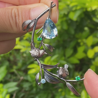 Handmade Brooch & Pendant with Blue Topaz, Green Gemstone, Oxidized 925 Silver, Nature-Inspired Fairy Jewelry, Gift for Her
