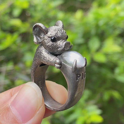 925 Sterling Silver Wild Boar Ring with Rock Crystal and Onyx, handmade animal ring in Gothic vintage style, gift idea for women and men.