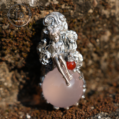 Meerjungfrau-Anhänger aus 925er Sterlingsilber mit Rosenquarz – handgefertigter Fantasieschmuck für Damen