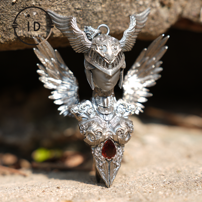 Walküren-Anhänger | 925 Sterling Silber &amp; Granat | Amulett aus der nordischen Mythologie | Handgefertigte Wikinger-Halskette