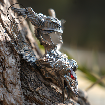 Walküren-Anhänger | 925 Sterling Silber &amp; Granat | Amulett aus der nordischen Mythologie | Handgefertigte Wikinger-Halskette